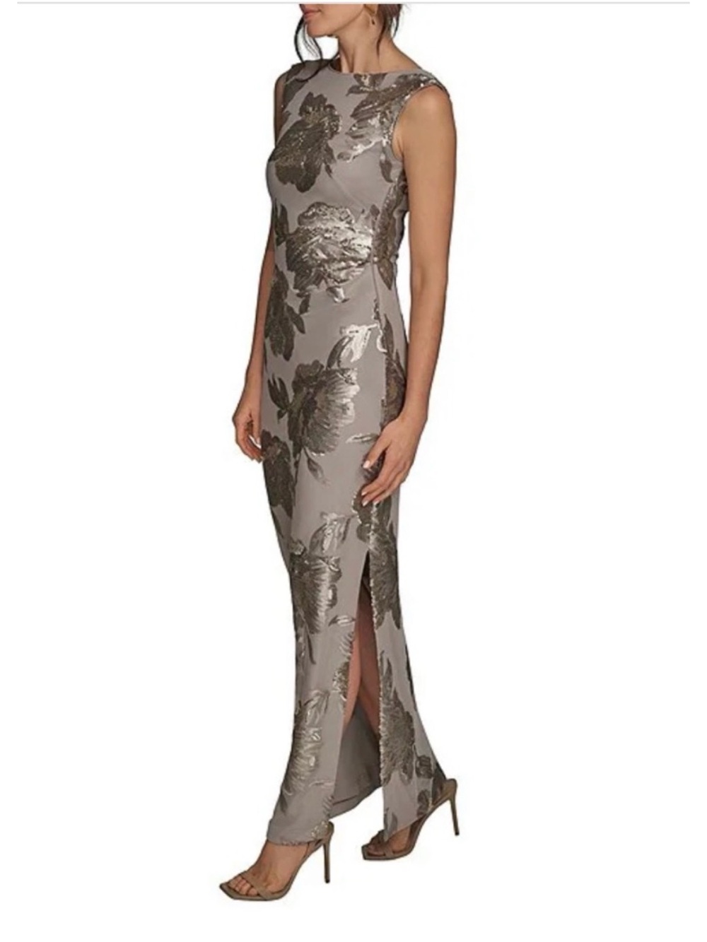 Donna Karan Taupe Sequin Floral Backless Sheath